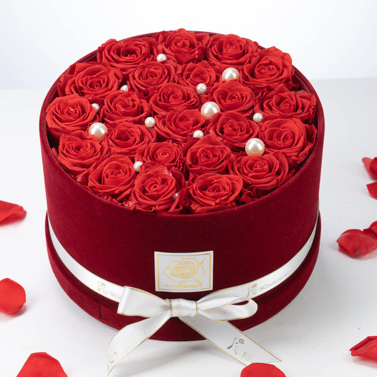 Floromance | Bespoke Red Roses | Large Round Burgundy Gift Box