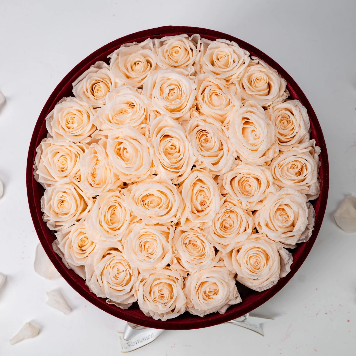 Bespoke Champagne Roses in Large Round Burgundy Gift Box