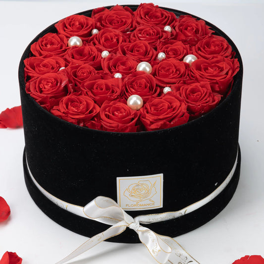 Floromance | Bespoke Red Roses | Medium Round Black Gift Box