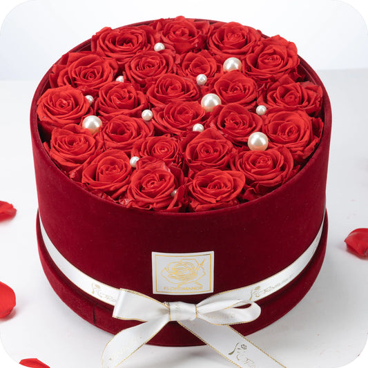 Floromance Bespoke Red Roses | Medium Round Burgundy Gift Box