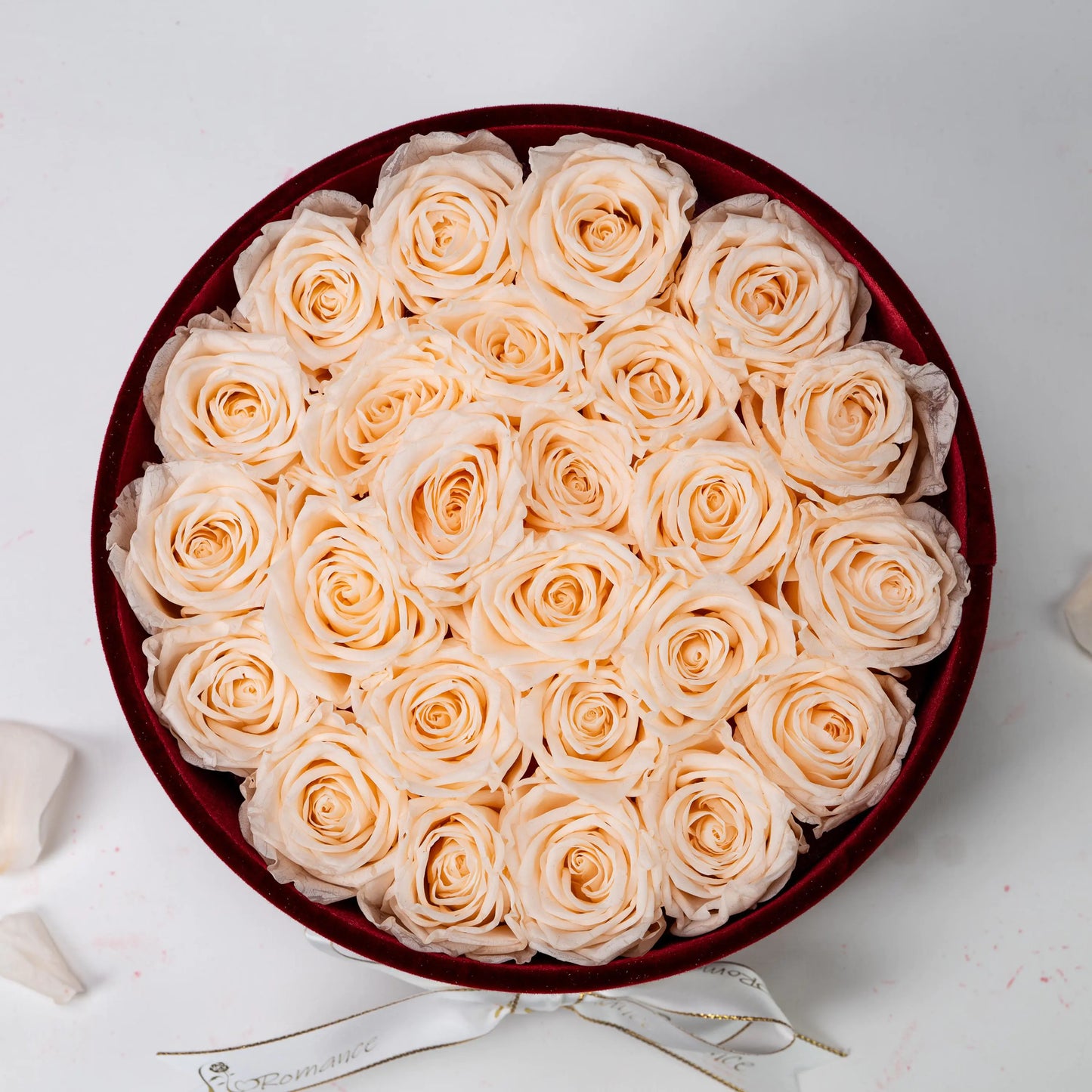 Bespoke Champagne Roses in Medium Round Burgundy Gift Box