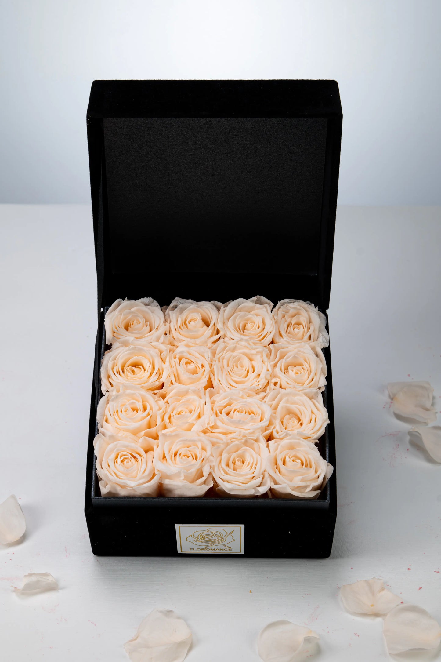 Floromance | Bespoke Champagne Roses | Small Square Black Gift Box