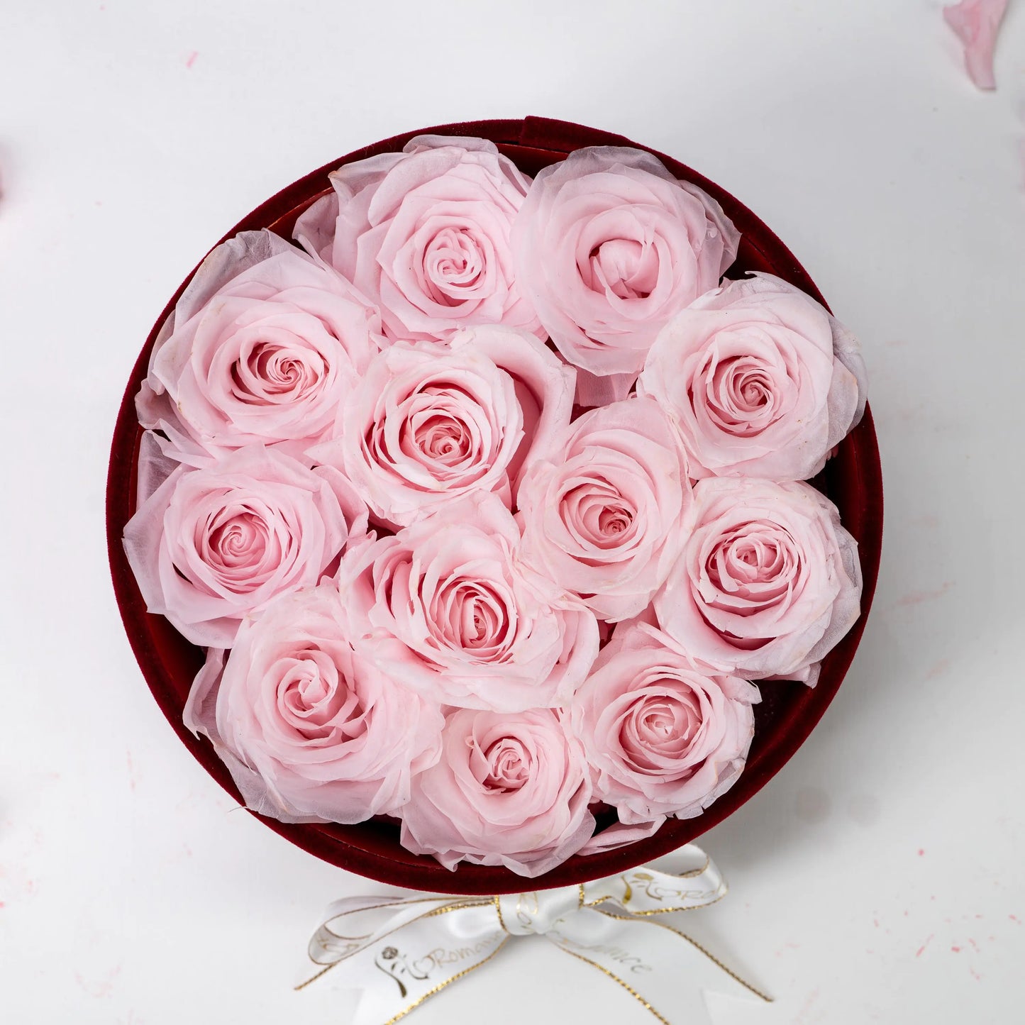 Floromance Bespoke Pink Roses in Small Round Burgundy Gift Box
