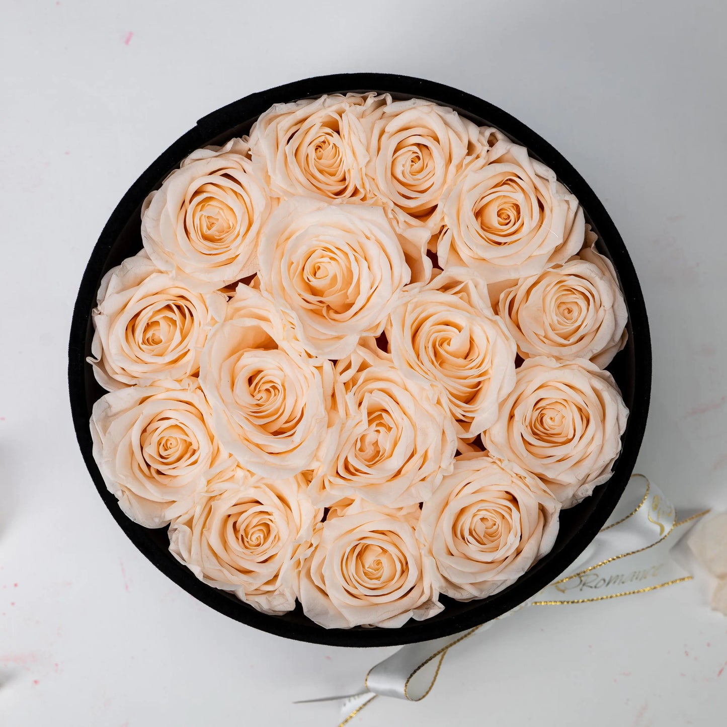 Bespoke Champagne Roses in Small Round Black Gift Box