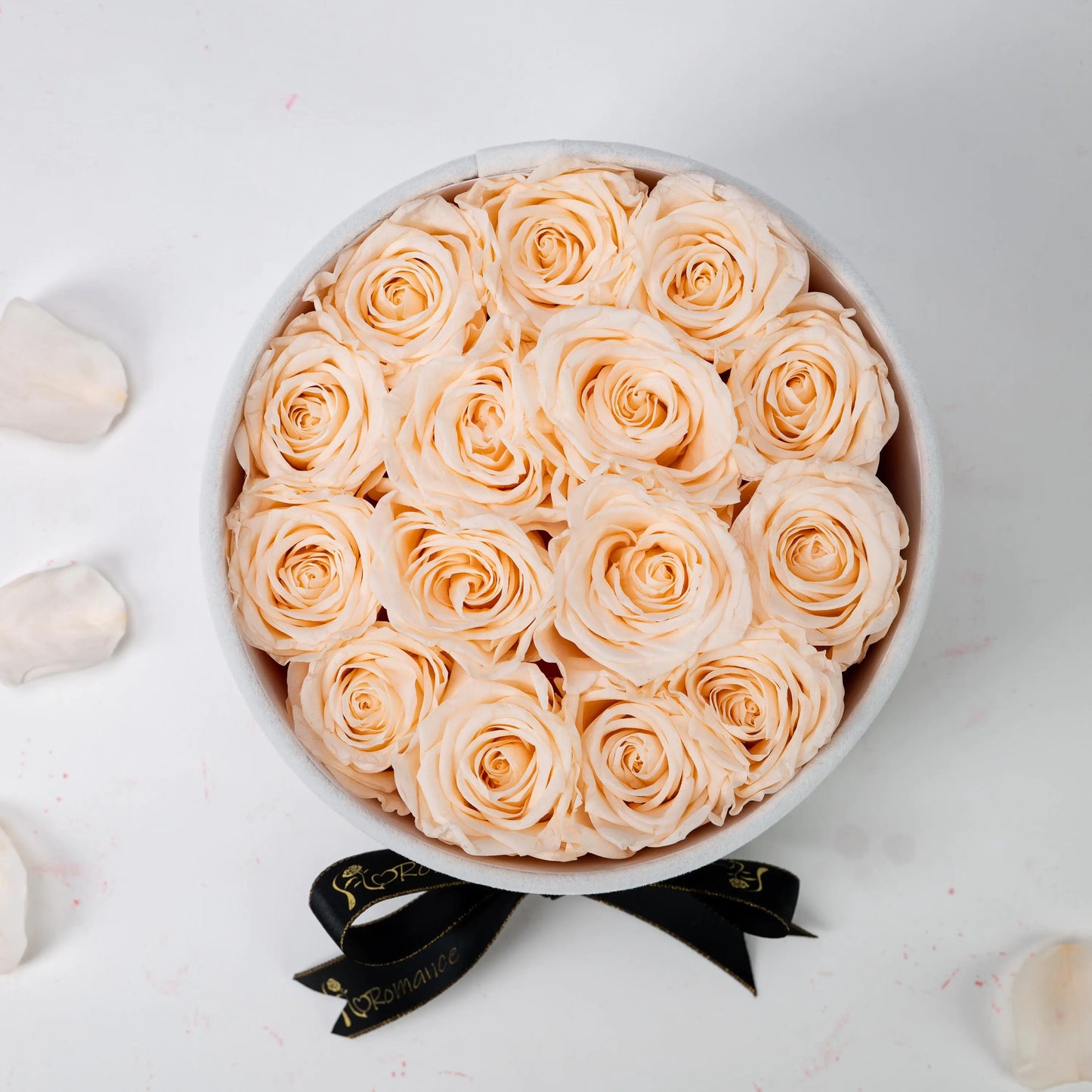 Floromance Bespoke Champagne Roses in Small Round White Gift Box