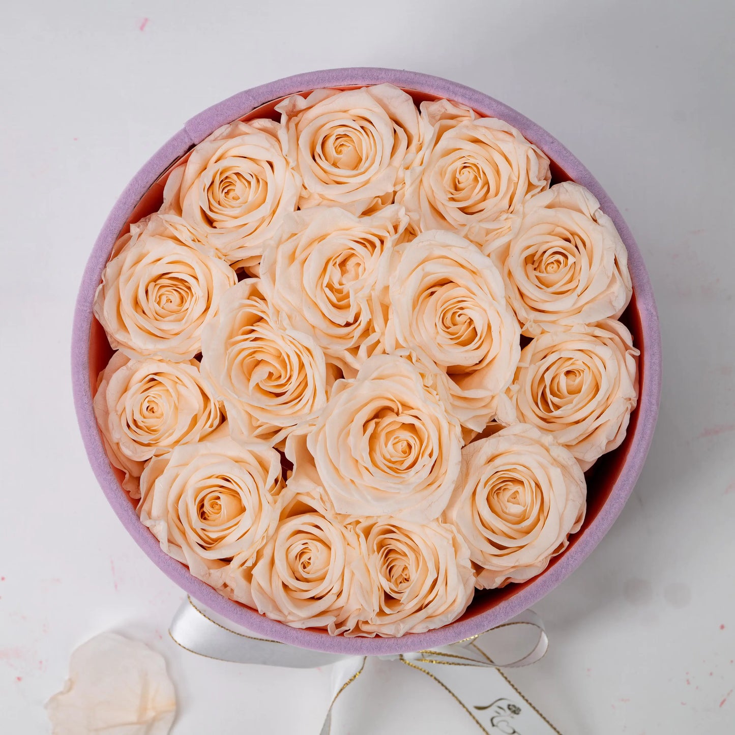 Floromance Bespoke Champagne Roses in Small Round Pink Gift Box