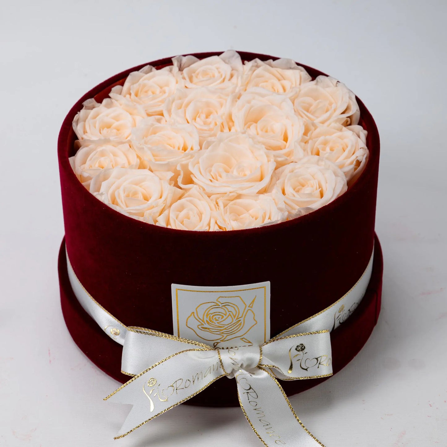 Floromance Bespoke Champagne Roses | Small Round Burgundy Gift Box
