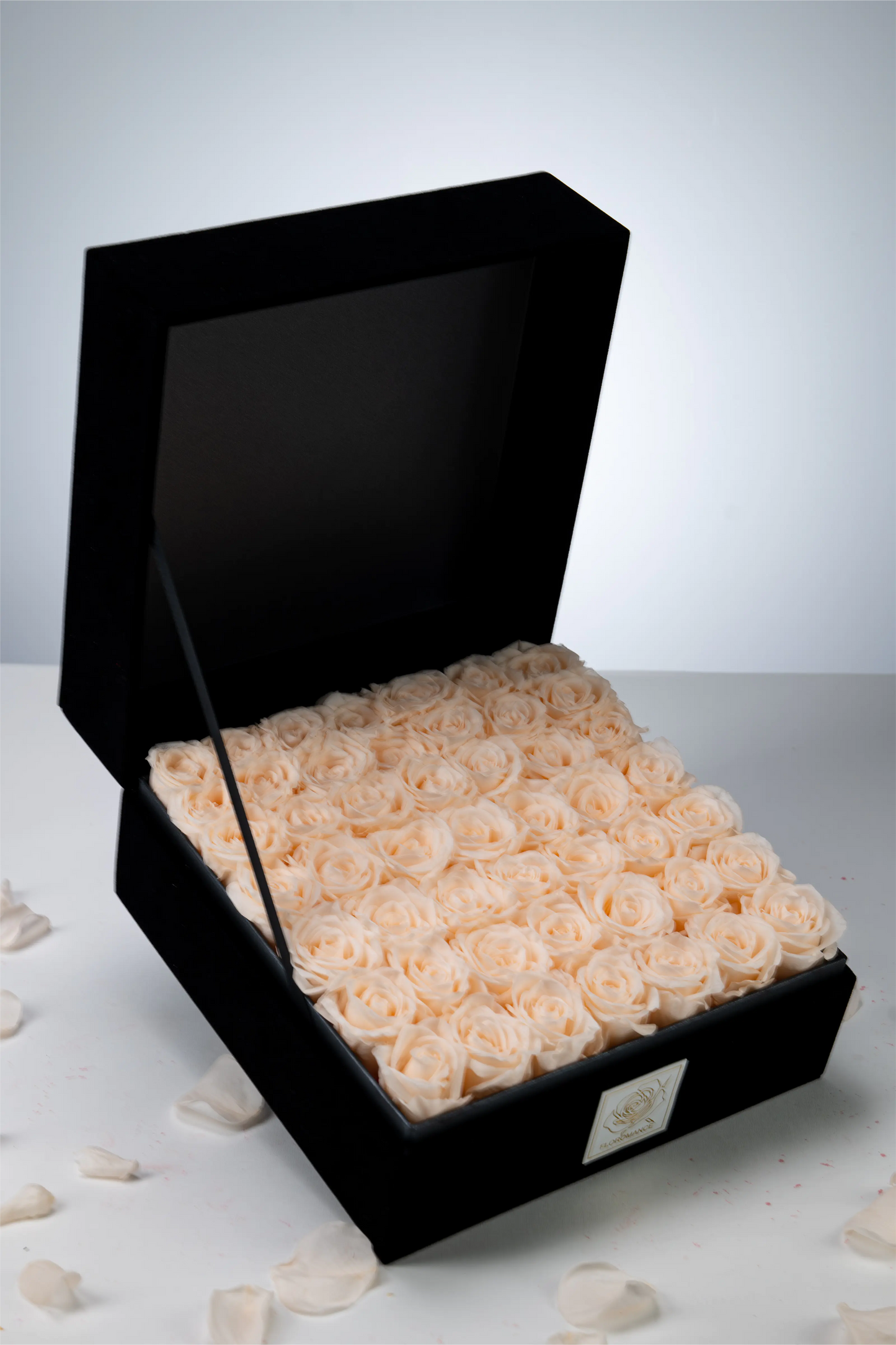 Floromance Bespoke Champagne Roses in Large Square White Gift Box