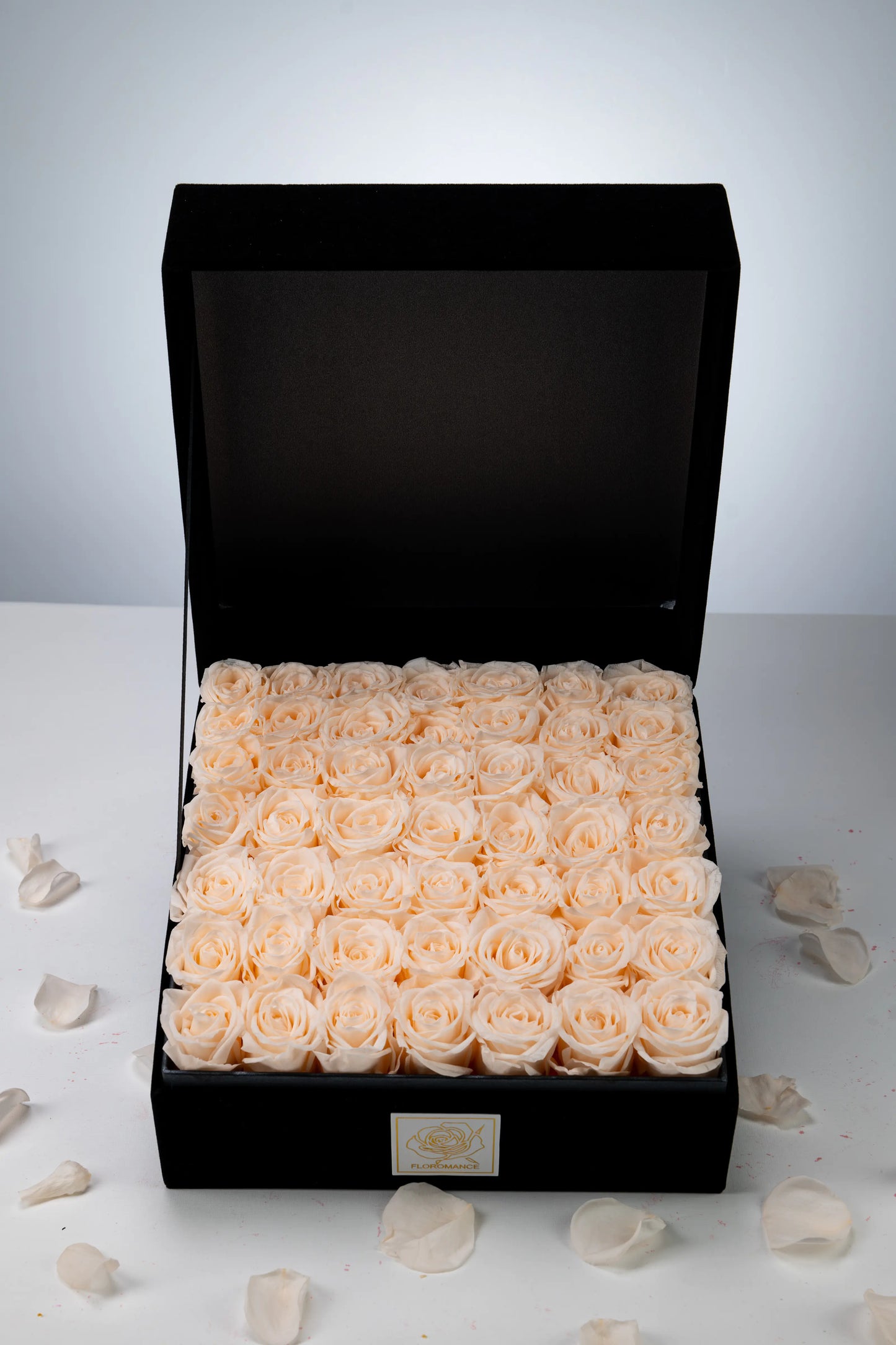 Floromance | Bespoke Champagne Roses | Large Square Black Gift Box