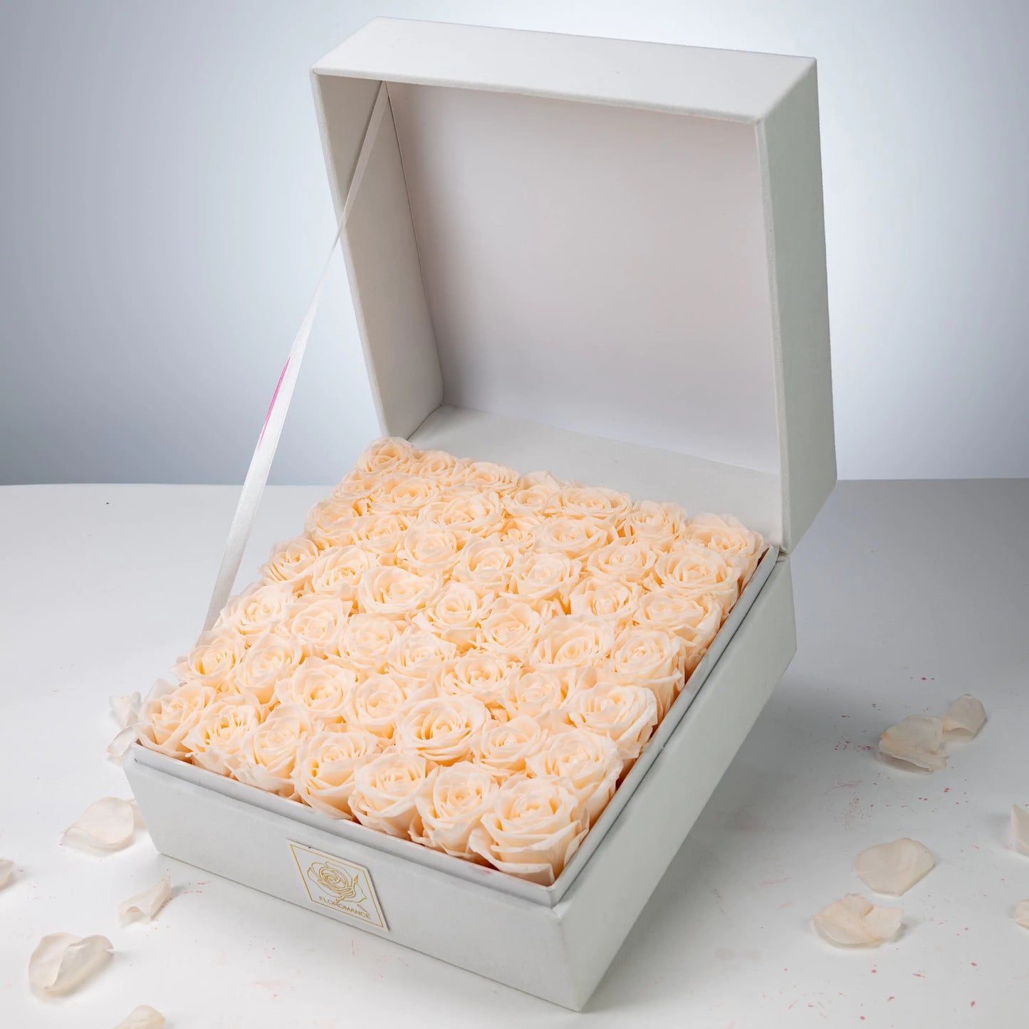Bespoke Champagne Roses in Large Square White Gift Box