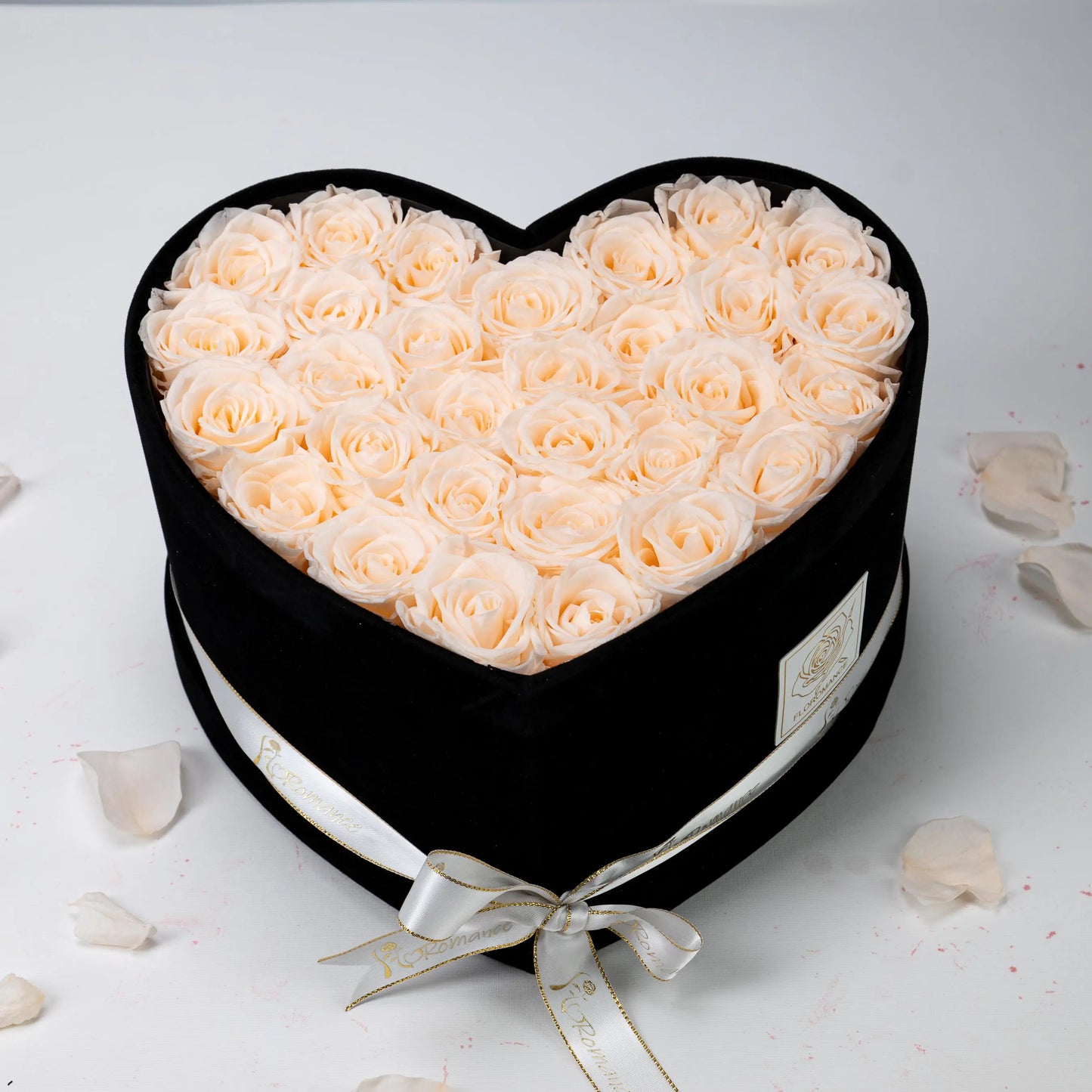 Floromance | Bespoke Champagne Roses | Large Heart Black Gift Box
