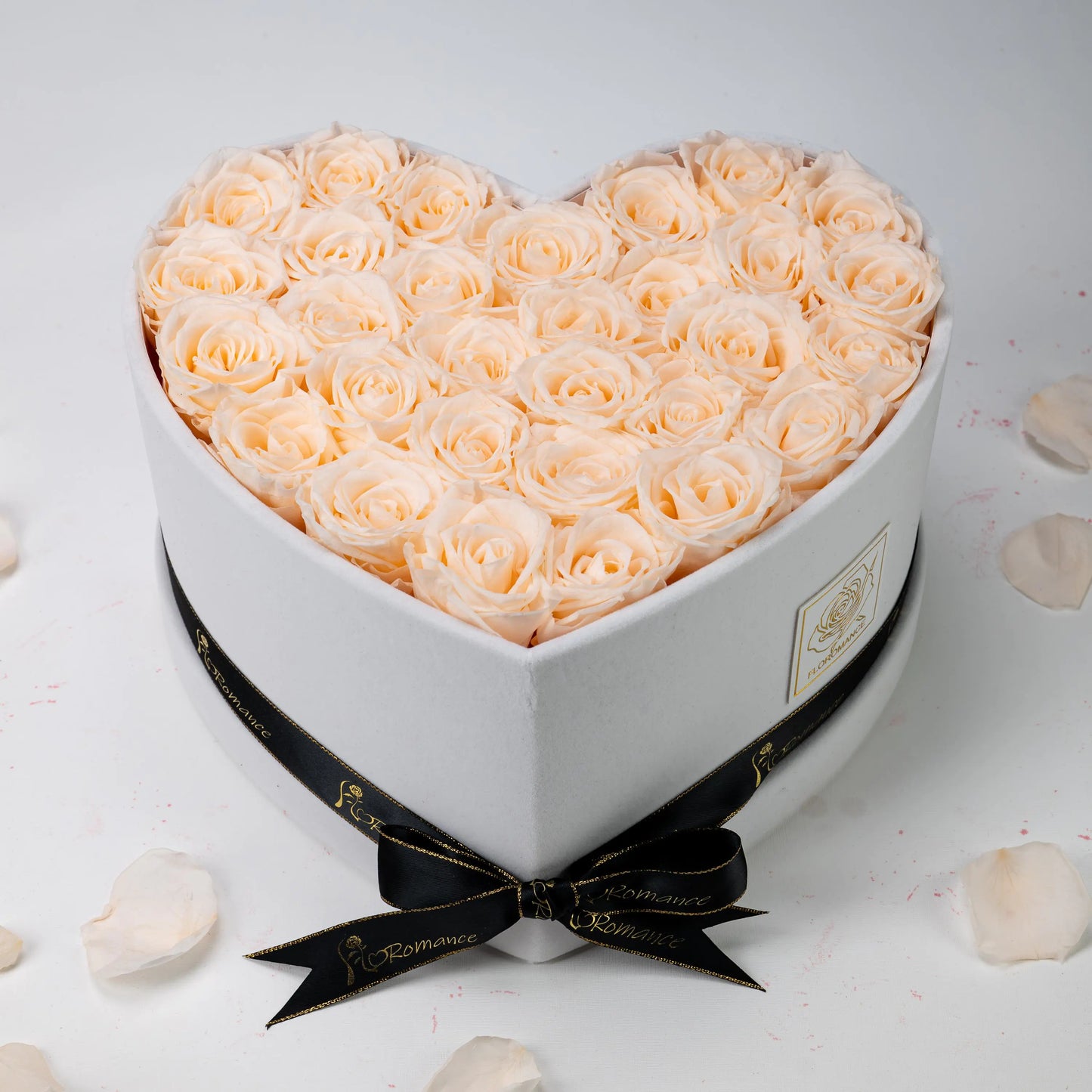 Floromance | Bespoke Champagne Roses | Large Heart White Gift Box