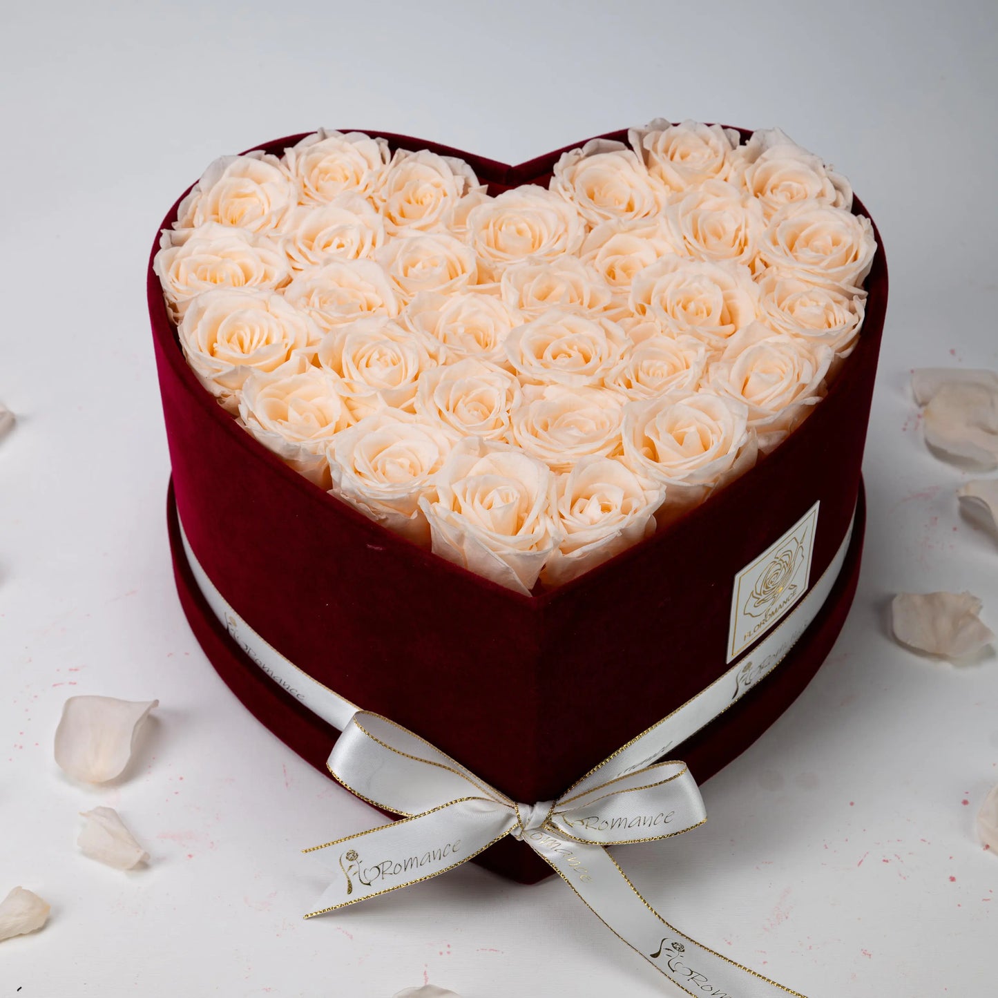 Floromance | Bespoke Champagne Roses | Large Heart Burgundy Gift Box