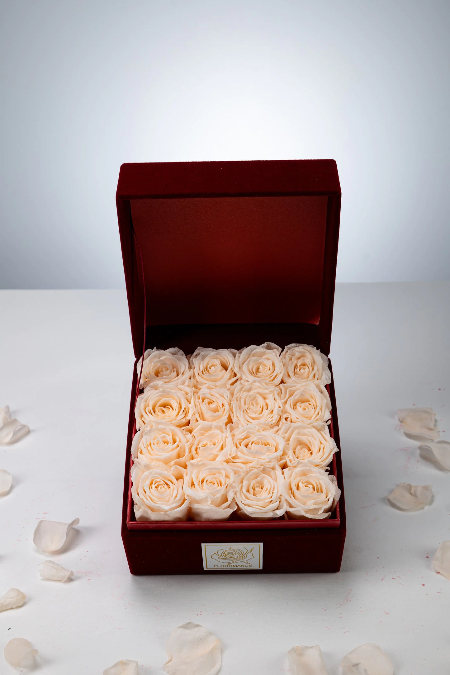 Floromance | Bespoke Champagne Roses | Small Square Burgundy Gift Box