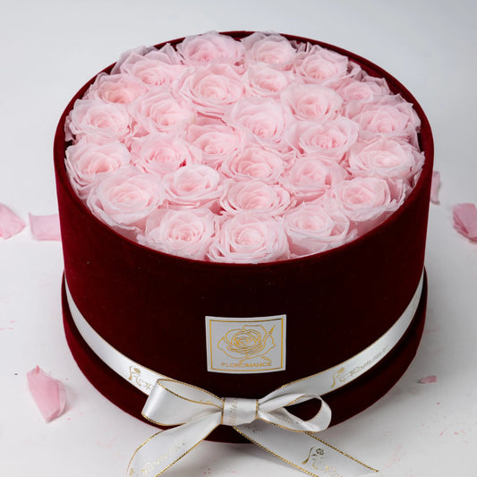Floromance | Bespoke Pink Roses | Large Round Burgundy Gift Box