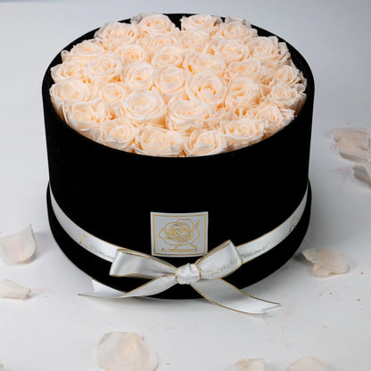 Floromance Bespoke Champagne Roses | Large Round Black Gift​ Box