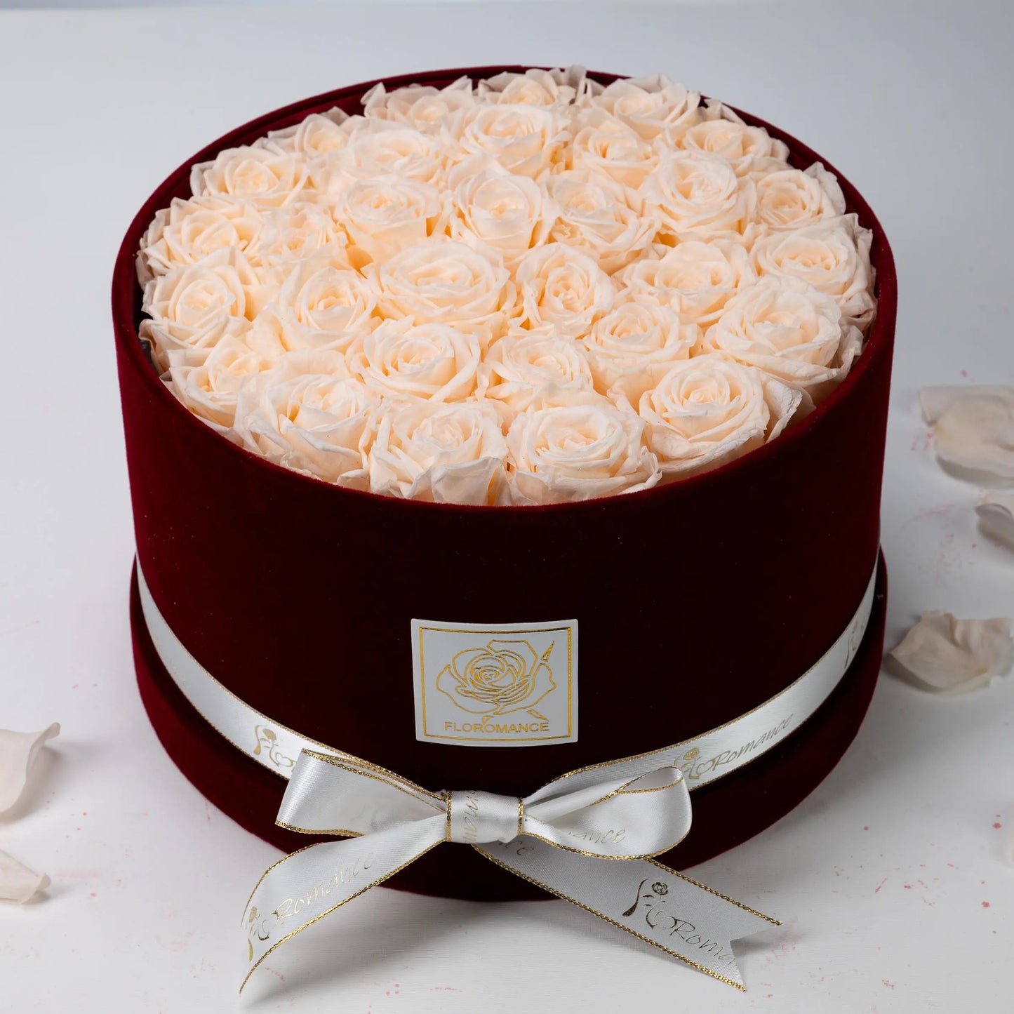 Floromance | Bespoke Champagne Roses | Large Round Burgundy Gift Box