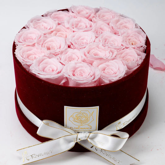 Floromance Bespoke Pink Roses | Medium Round Burgundy Gift Box
