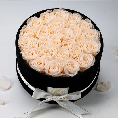 Floromance | Bespoke Champagne Roses | Medium Round Black Gift Box