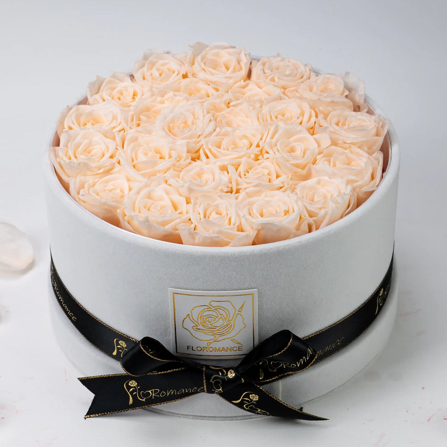 Floromance Bespoke Champagne Roses | Medium Round White Gift Box