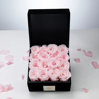Floromance | Bespoke Pink Roses | Small Square Black Gift Box