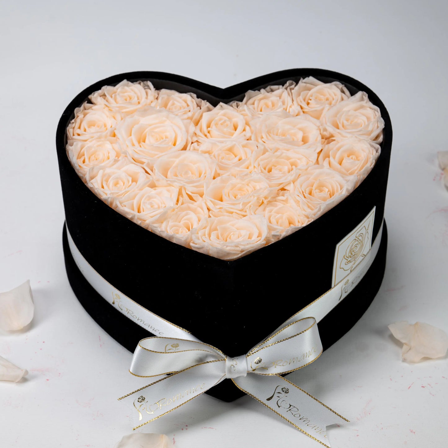 Floromance | Bespoke Champagne Roses | Medium Heart Black Gift Box