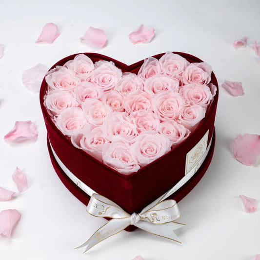 Floromance | Bespoke Pink Roses | Medium Heart Burgundy Gift Box