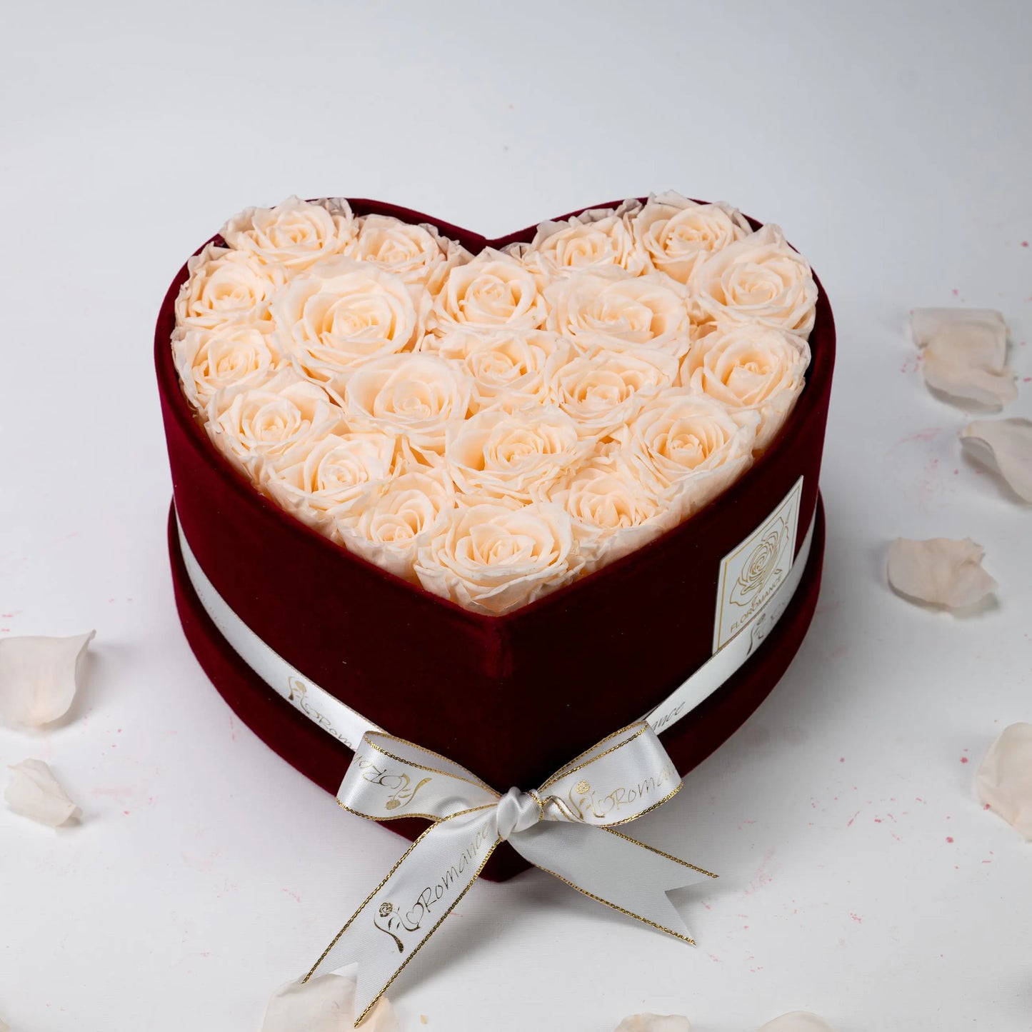 Floromance | Bespoke Champagne Roses | Medium Heart Burgundy Gift Box