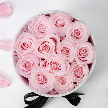 Floromance Bespoke Pink Roses in Small Round White Gift Box