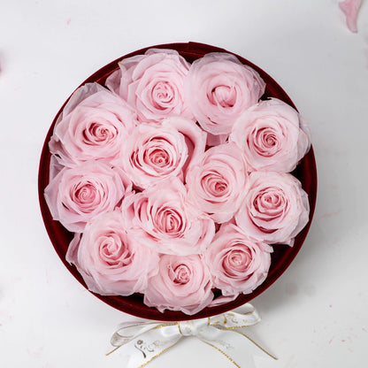 Floromance Bespoke Pink Roses in Small Round Burgundy Gift Box