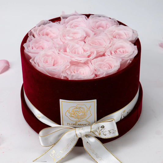 Floromance Bespoke Pink Roses | Small Round Burgundy Gift Box