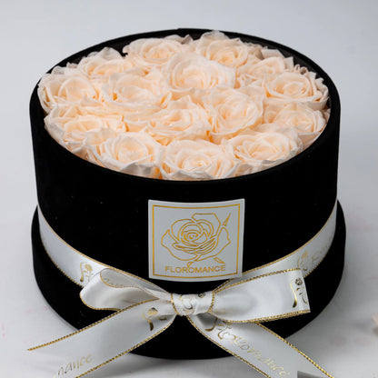 Floromance Bespoke Champagne Roses | Small Round Black Gift Box
