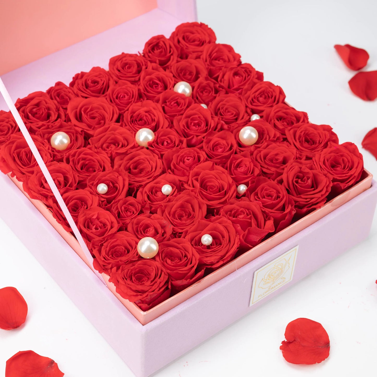 Floromance Bespoke Red Roses in Large Square Pink Gift Box