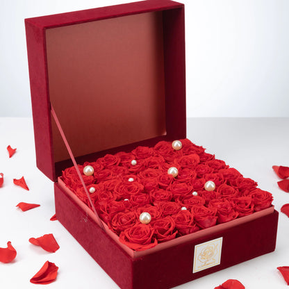 Floromance Bespoke Red Roses in Large Square Burgundy Gift Box