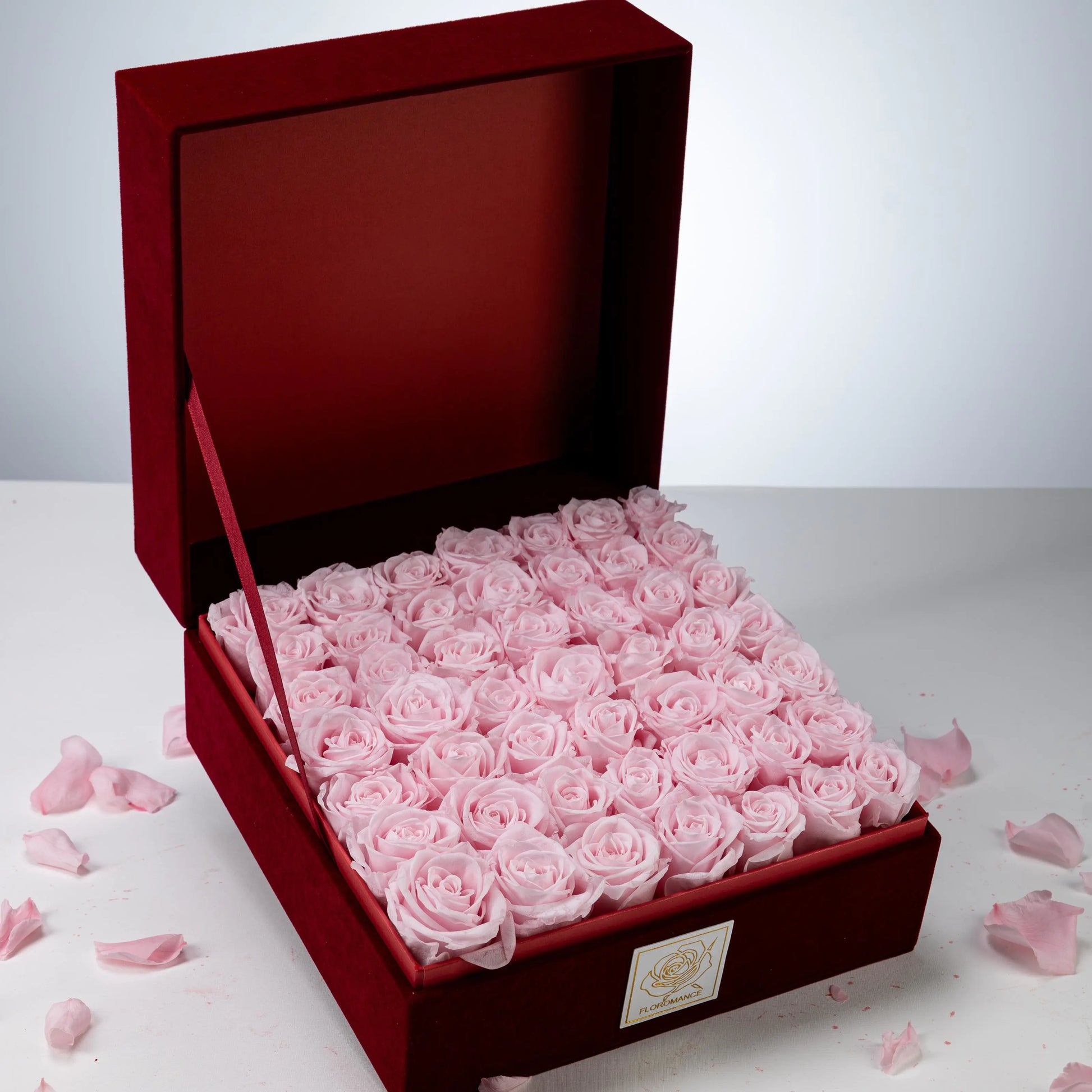 Floromance Bespoke Pink Roses in Large Square Burgundy Gift Box