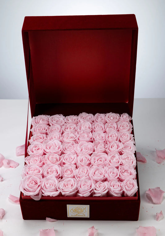 Floromance Bespoke Pink Roses | Large Square Burgundy Gift Box