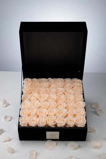 Floromance | Bespoke Champagne Roses | Large Square Black Gift Box
