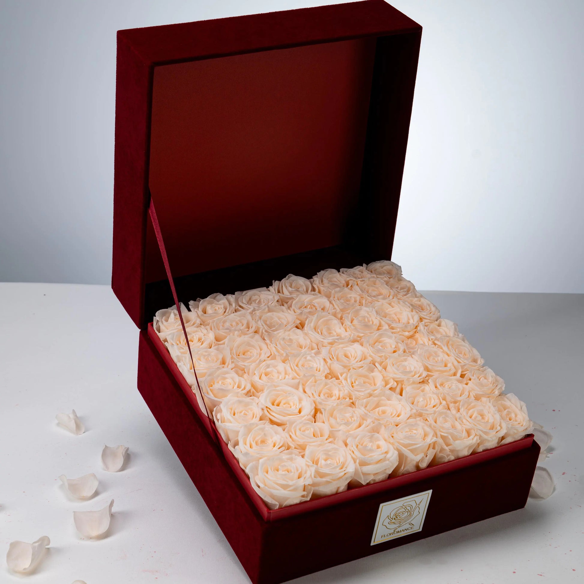 Floromance Bespoke Champagne Roses in Large Square Burgundy Gift Box