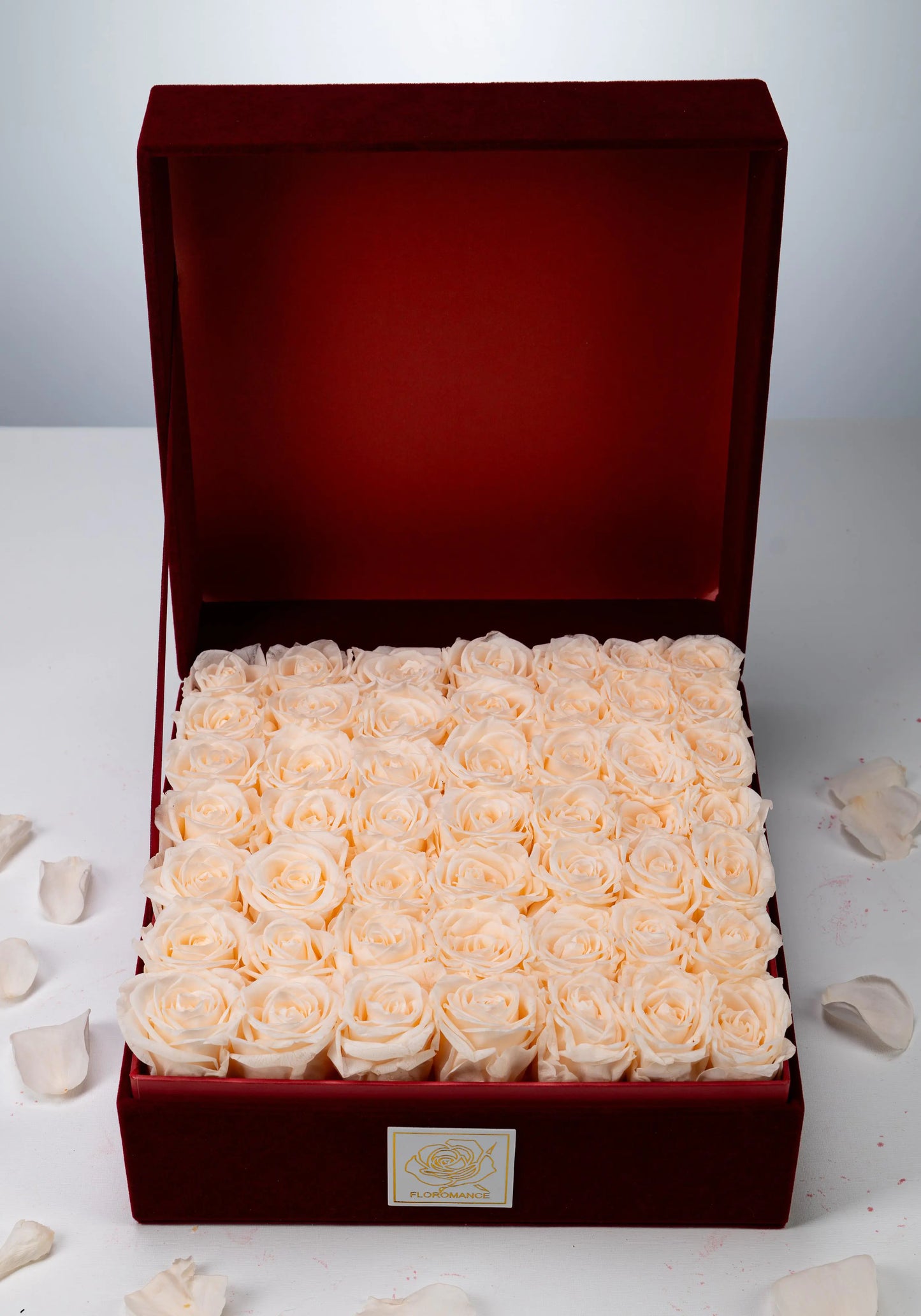 Floromance Bespoke Champagne Roses | Large Square Burgundy Gift Box