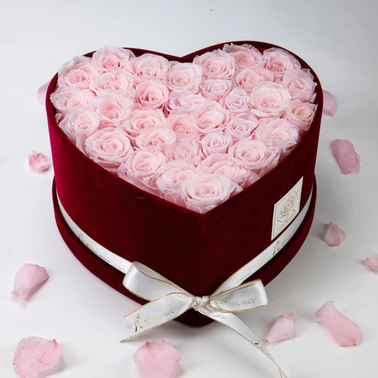 Floromance | Bespoke Pink Roses | Large Heart Burgundy Gift Box