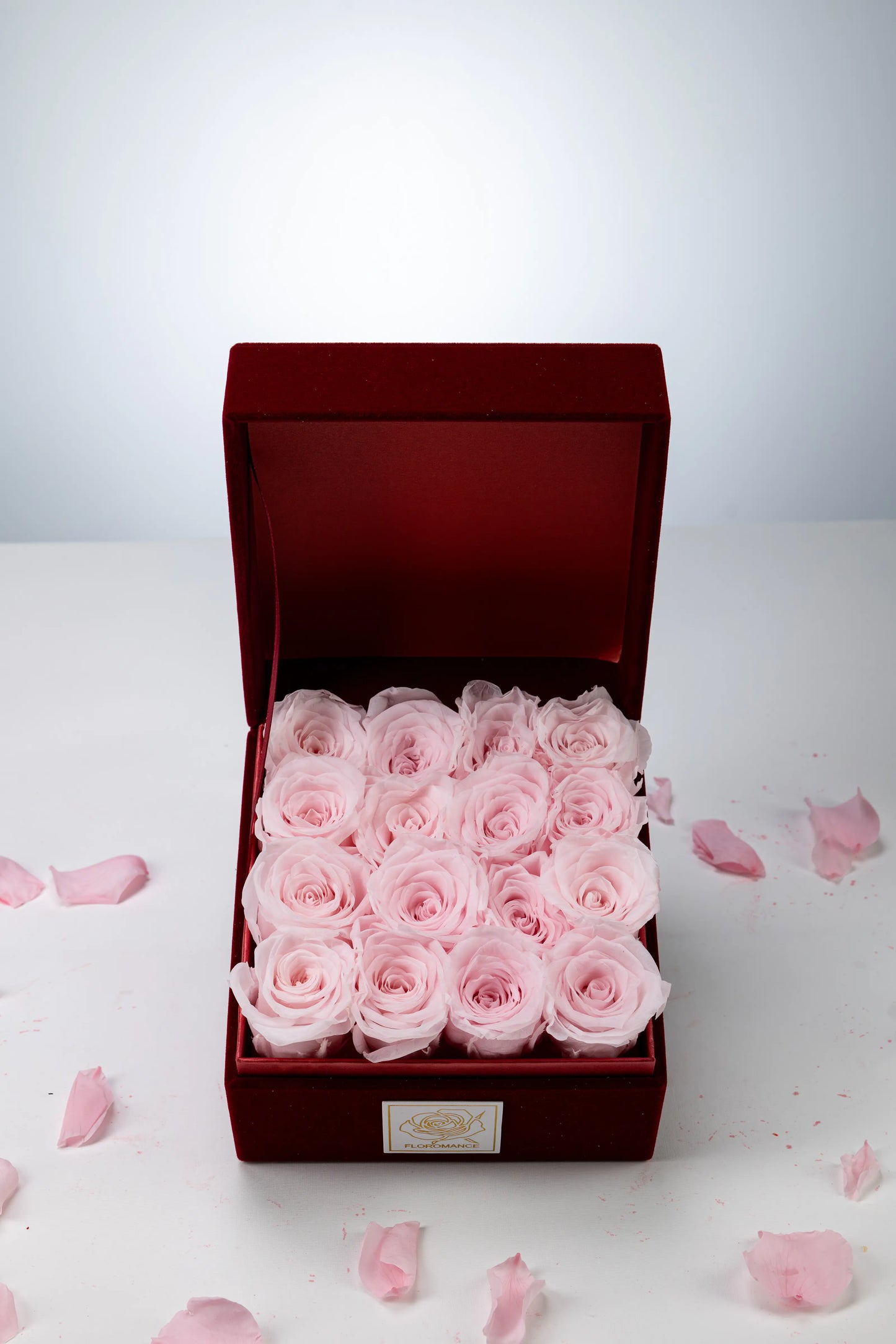 Floromance | Bespoke Pink Roses | Small Square Burgundy Gift Box